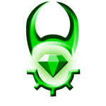 MOSH's logo, a green gem with a green glow, with some kind of abstract symbolism around it.