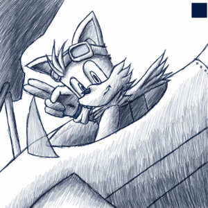 Art of Miles "Tails" Prower from the Sonic the Hedgehog series, with goggles on his head and a scarf as he flies a biplane, the Tornado