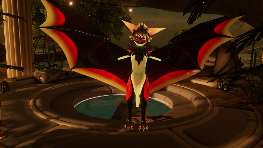 A screenshot of VR Chat, featuring a black, red and yellow latex bat in the world "Archipelago" It is spreading out its wings