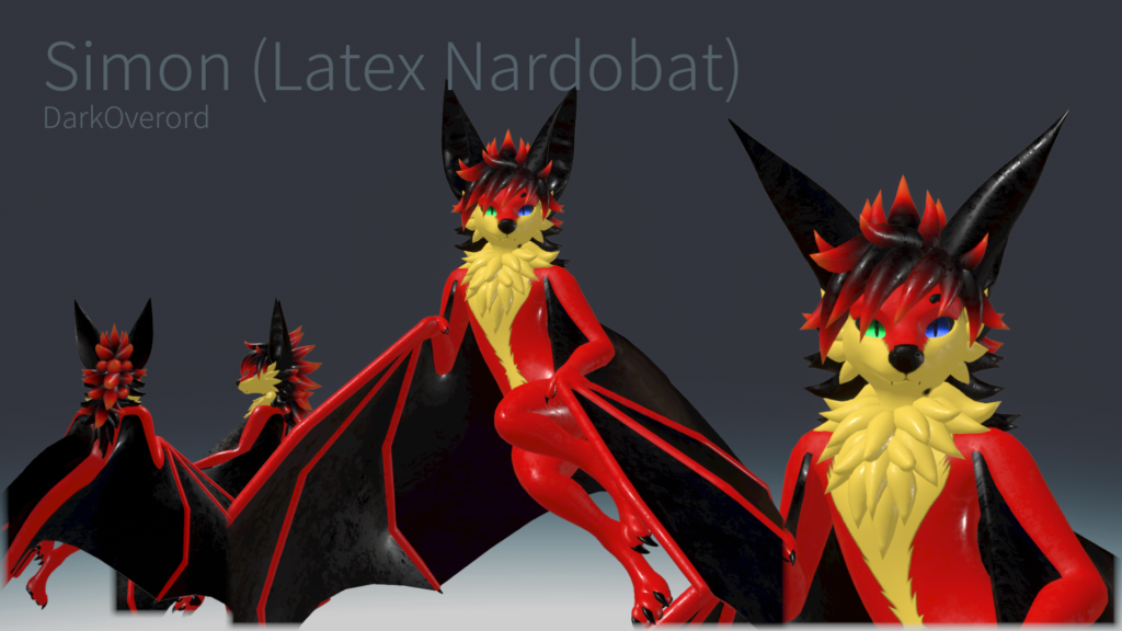 A screenshot of VR Chat, featuring a red and yellow latex bat vampire. It's set up like a reference sheet.