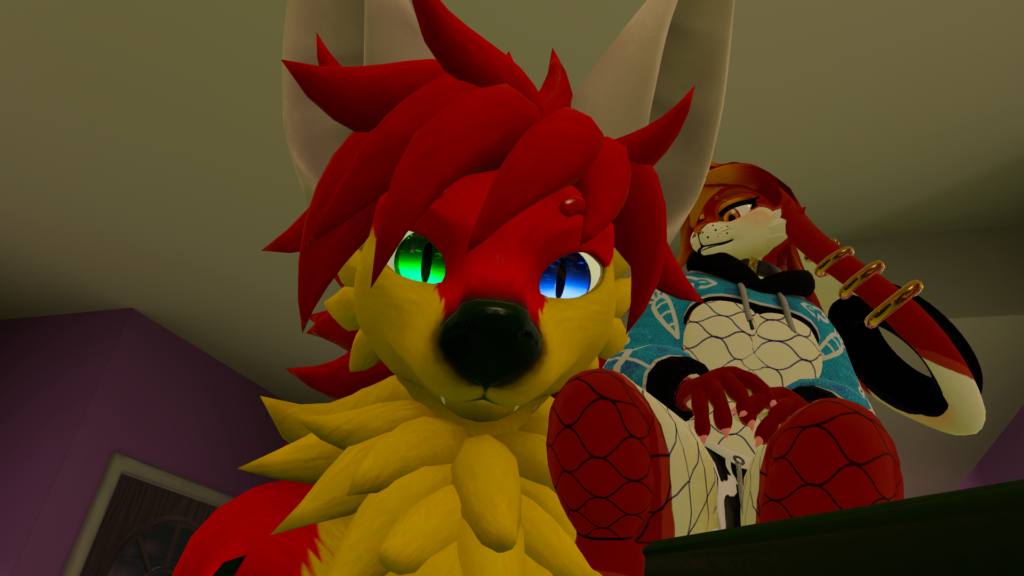 A screenshot of VR Chat, featuring a red and yellow bat vampire with a bunny sat on its shoulder.