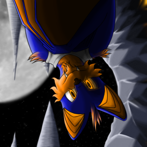 A blue and orange bat, with orange glowing eyes, and some light visibly coming out of their ears as well, hanging upside down from the ceiling of a cave. The moon is large and bright behind them, meaning they are not completely in darkness.