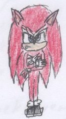 Traditional art (gel pen and coloured pencils on printer paper) of Simon Rickson, then Speedy the Hedgehog, a Sonic OC who is a red hedgehog 