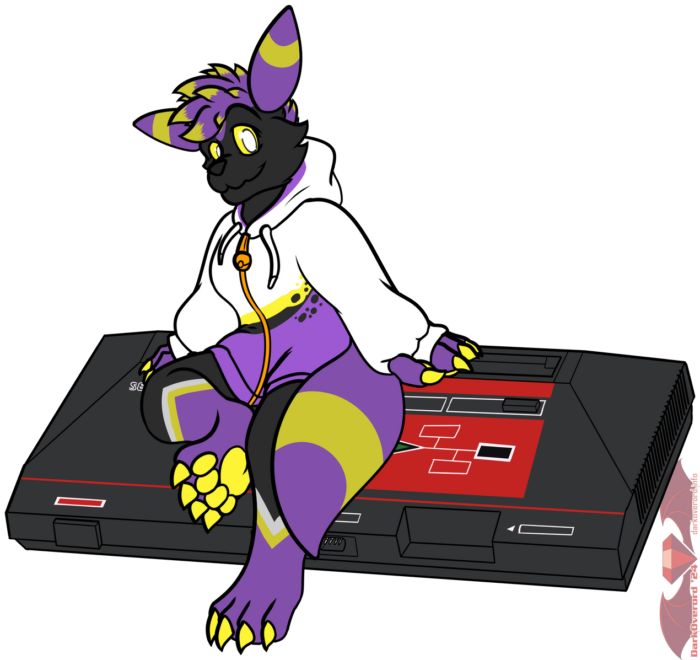 Enbeyon, a Umbreon with Non-binary flag colours, looking happily at the viewer while sat on a SEGA Master System