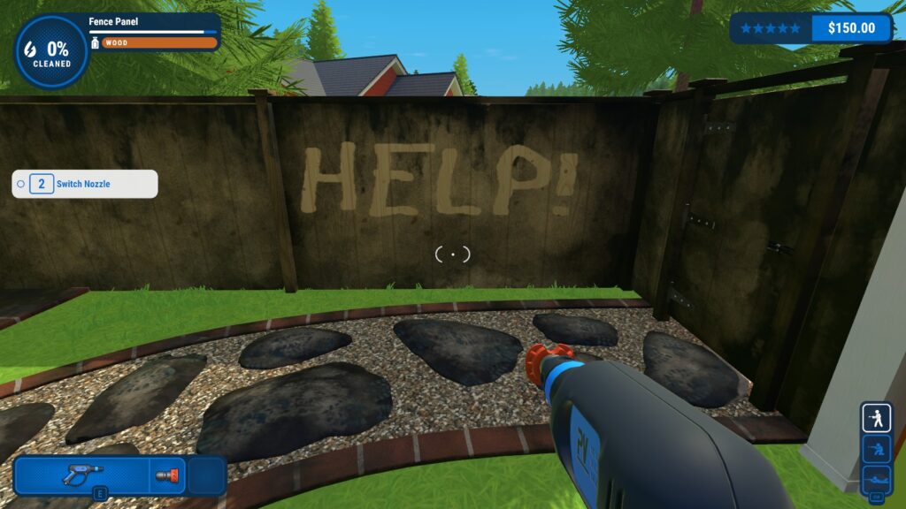 A screenshot of PowerWash Simulator in a garden, the player has written "HELP!" on the dirty fence