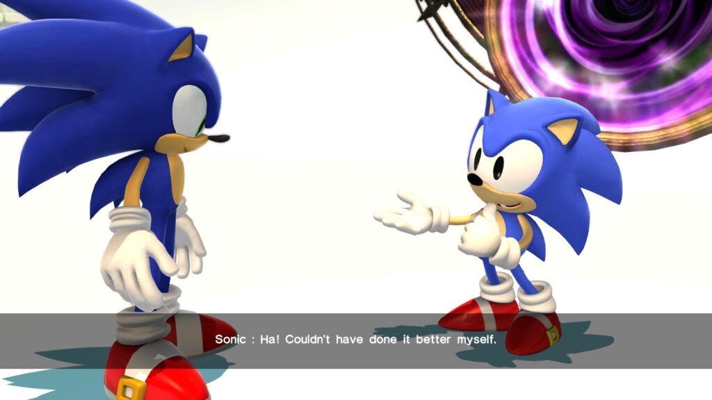 A screenshot of a cutscene from Sonic Generations featuring Sonic saying to himself "Ha! Couldn't have done it better myself" while in White Space