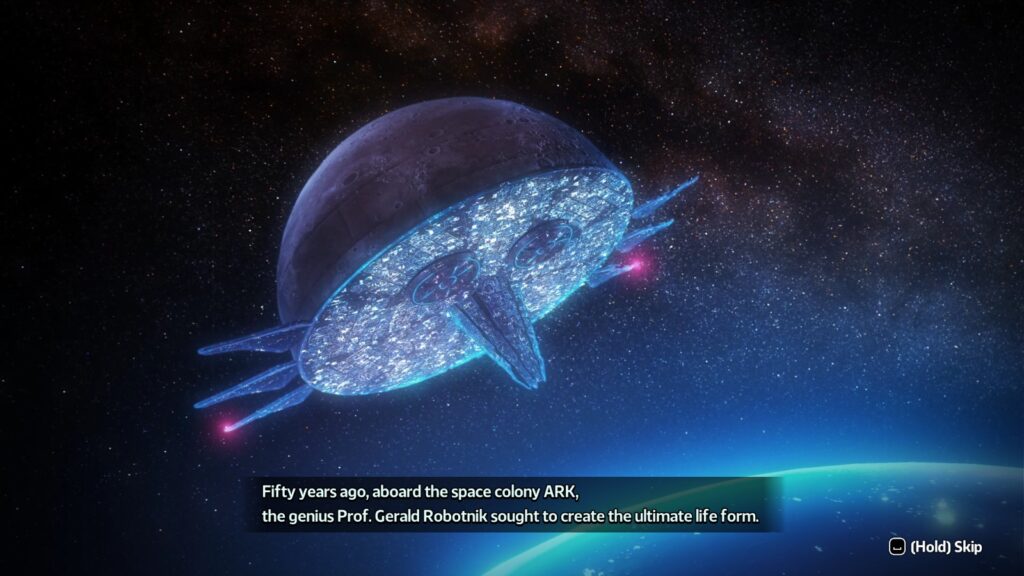 A screenshot of a cutscene from Shadow Generations featuring the space colony ARK orbiting around the Earth. In subtitles below it says "Fifty years ago, aboard the space colony ARK, the genius Prof. Gerald Robotnik sought to create the ultimate life form."