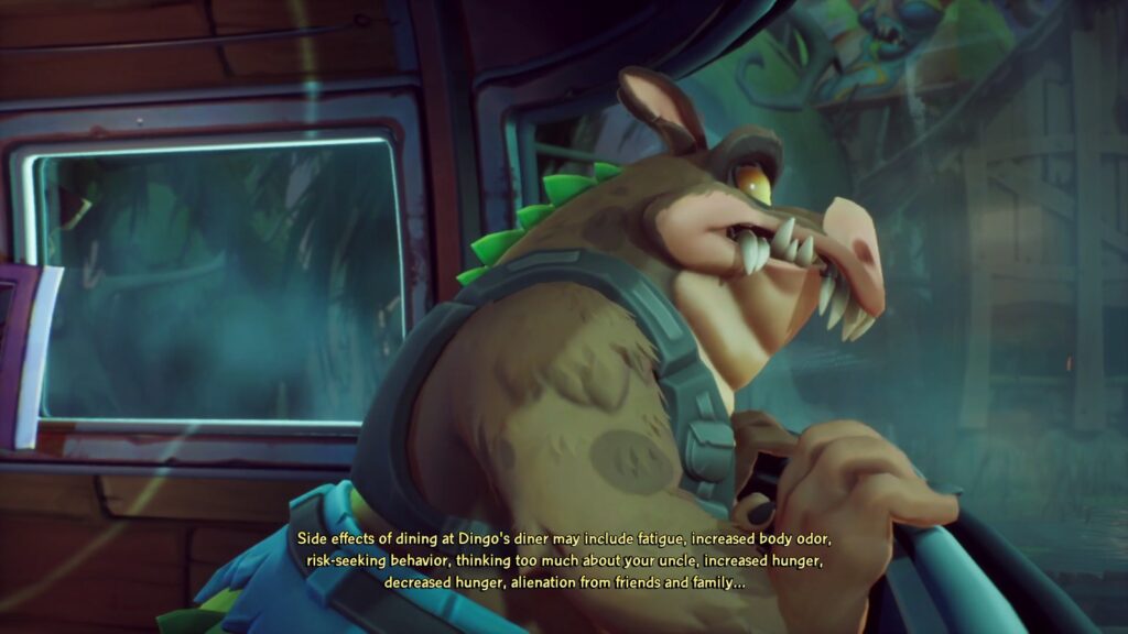 A screenshot of Crash 4 featuring Dingodile, a Crocodile-Dingo hybrid with his snout squished up against the window of his trailer. He looks a little shocked.

In text it's reading out an advert that was playing beforehand saying "Side effects of dining at Dingo's diner may include fatigue, increased body odor, risk-seeking behavior, thinking too much about your uncle, increased hunger, decreased hunger, alienation from friends and family..."