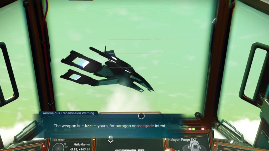 A screenshot of No Man's Sky of the player unlocking the Normandy frigate. A text box reads: Anomalous Transmission Warning: The weapon - kzzt - yours, for paragon or renegade intent.