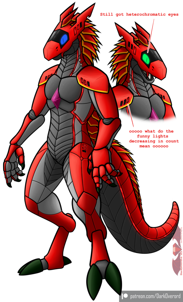 A red synth (Vader-San's open species), a reptilian looking robot race, standing tall. It has blue and green heterochromatic eyes on it's screen. It's head plate is more angular than most synths, as well as two extremely prominent fangs. It has a grey underbelly with multiple plates running from head to the end of its tail. Along its back are multiple red plates with gold trims to look like hedgehog quills. There's a purple gem embedded in its chest. To the left side is a mirrored bust showing the other coloured eye as well as its open mouth and pale tongue. There's two notes pointing at that version that say "Still got heterochromatic eyes" and "ooooo what do the funny lights decreasing in count mean oooooo"