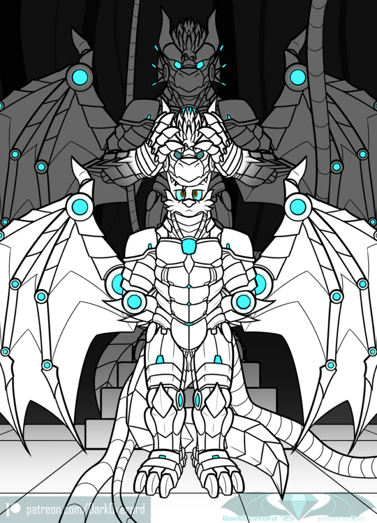 Art of a fox, Aira, in a dragon robotic suit. They're standing blank faced, confident with arms behind their back as only their head is the only part of them visible as a fox, the rest covered in metal plates and panels. Their eyes aglow with the same bright blue coming from various parts of their suit as well as from the dragon who is partially cast in shadow. That dragon identical other than being complete with its head attached, lowing a replica of it's head down on to the fox to finalise their transformation in to another unit like itself.