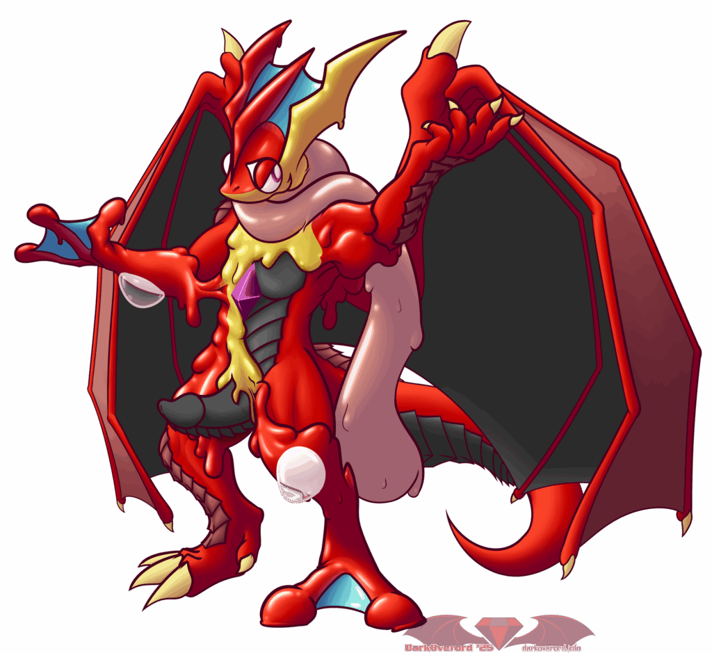 Coloured art of a anthropomorphic red dragon, DarkOverord, being overtaken by red rubbery goo (That's also called DarkOverord, it's confusing I know) that is forming in to a goo Greninja shape, transforming the dragon. The dragon's head is entirely covered as well as its lower right arm and lower left leg. It's torso is half covered in goo too. At its crotch, the dragon's dick is uncovered in goo and erect.