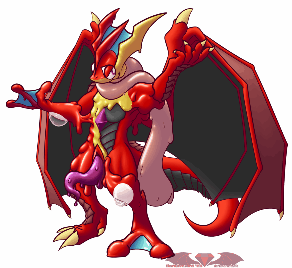 Coloured art of a anthropomorphic red dragon, DarkOverord, being overtaken by red rubbery goo (That's also called DarkOverord, it'c confusing I know) that is forming in to a goo Greninja shape, transforming the dragon. The dragon's head is entirely covered as well as its lower right arm and lower left leg. It's torso is half covered in goo too. At its crotch, a purple tentacle dick belong to the frog is sticking out, curling and doing what tentacles want to do.