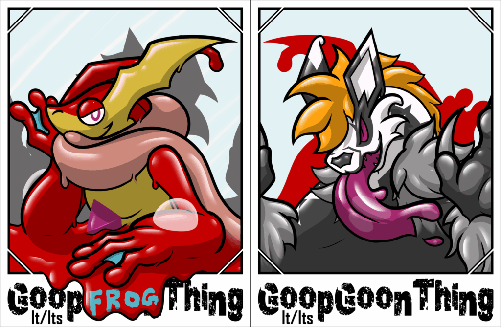 Con badge for GoopGoonThing (It/Its). On the left side is it's goo Greninja, looking smug as it leans on goo that's seeping over the frame of the badge, with blue goo in the red saying "Frog" which is obscuring the "Goon" part of its name leaving it as "GoopFrogThing" On the right side is its Obstagoon pressed up against the fourth wall of the art, implying to be licking against the laminate when it's printed and laminated, leaving purple goo behind. On both sides you can see a silhouette of the other side.