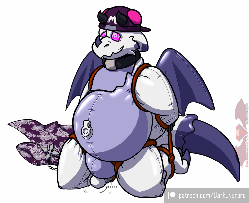 A hypnotised white dragon looking creature wearing a Master Ball design cap, is kneeling on the floor with a dazed but happy expression. They are being slowly transformed in to some sort of pooltoy with most of their transformed, with only their right arm, right wing, head, left foot and tailtip remaining untransformed. They're tied up so they can't move as a vibrator is tied and active under their pronounced null bulge. They are also wearing a black collar. Strewn behind them is a purple tropical looking patterned shirt and what was their necklace.