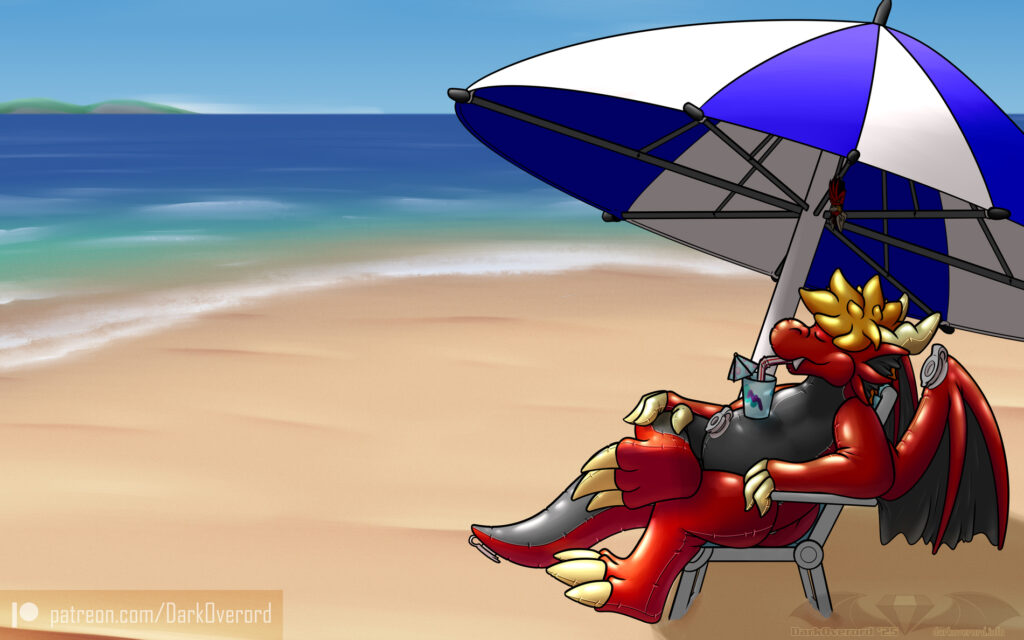 In a beach scene is DarkOverord, a red anthropomorphic animate inflatable inflatable toy, as it sits on a chair that's under a white and blue umbrella. Its eyes are closed and it has a drink balanced on its belly, with a little cocktail umbrella while drinking through a straw. Hanging from the stretcher poles in the umbrella is a small red vampire bat.