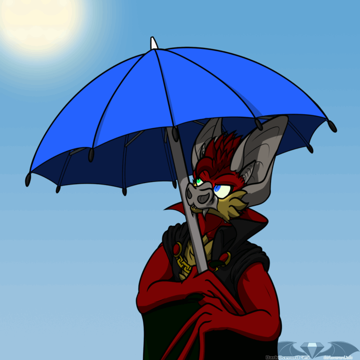 Simon, a red bat vampire, huddled under an umbrella its clumsily holding with its wings while glaring upwards towards the sun