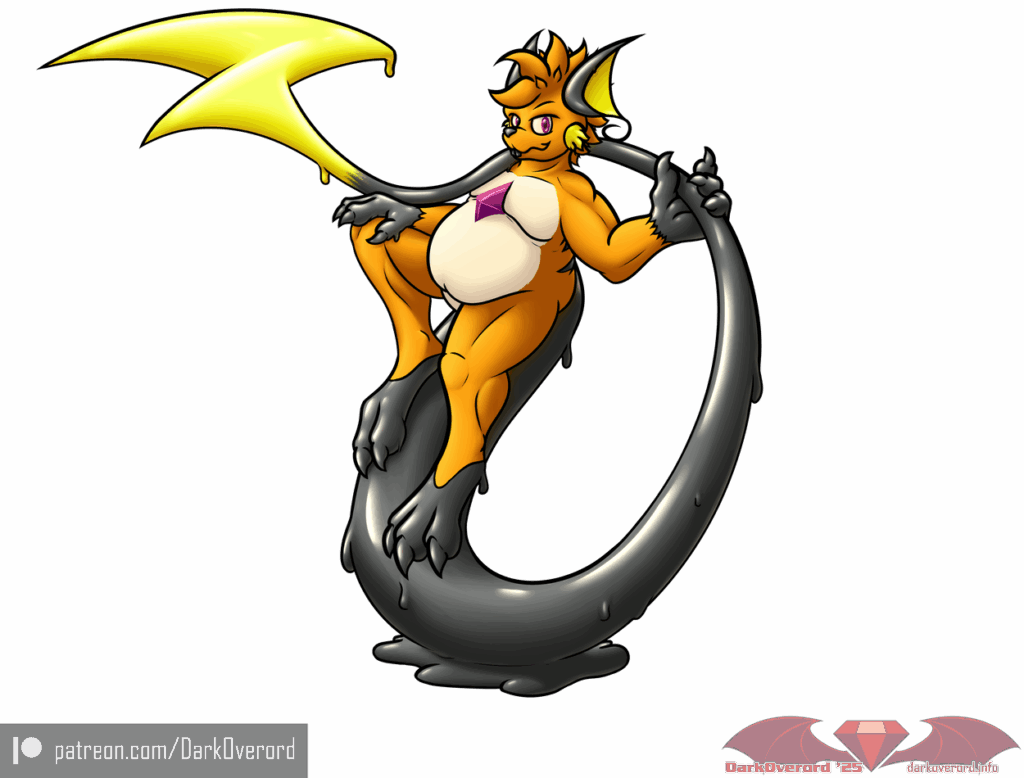 Art of an anthropomorphic Raichu, "DOchu", hoisting itself in the air by its own tail, which flows in to a small goo. It's black paws and tail, as well as the yellow lightning bolt on the end of it's tail, shine like those parts are made of polished rubber, and there are small drops flowing downward a little, but still hanging tight to its body. It has its right hand resting on its thigh while smirking, clearly mischievous intent on its mind.