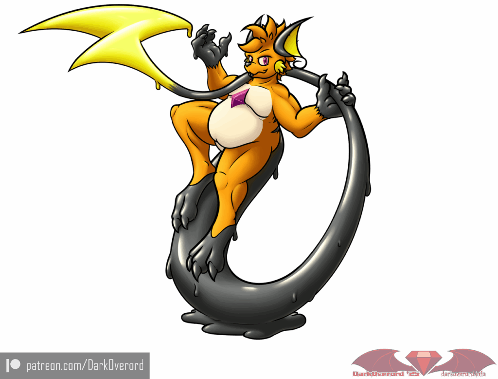 Art of an anthropomorphic Raichu, "DOchu", hoisting itself in the air by its own tail, which flows in to a small goo. It's black paws and tail, as well as the yellow lightning bolt on the end of it's tail, shine like those parts are made of polished rubber, and there are small drops flowing downward a little, but still hanging tight to its body. Its smirking at the viewer, clearly mischievous intent on its mind.