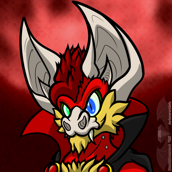 An icon for DarkOverord of them in their vampire bat form. Its a red vampire bat with large very pale ears, red fur, large fangs, a bit mark on its neck on its left side, wearing a black cape. It's eyes are heterochromatic, with its right eye being green the other blue. They are giving off a little glow
