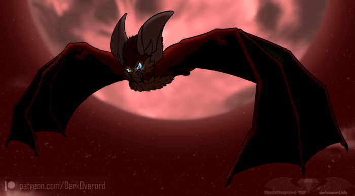 A red anthropomorphic vampire bat flying towards the left of the screen, looking toward the view, its eyes bright and aglow. The rest of it is cast in mostly shadow, making the eyes stand out prominently. The sky is ominously red as the moon is tinted with the same colour.