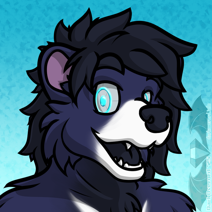 A blue furred bear with an open smile looking at the viewer. However despite their fluffiness their eyes are clearly cybernetic.