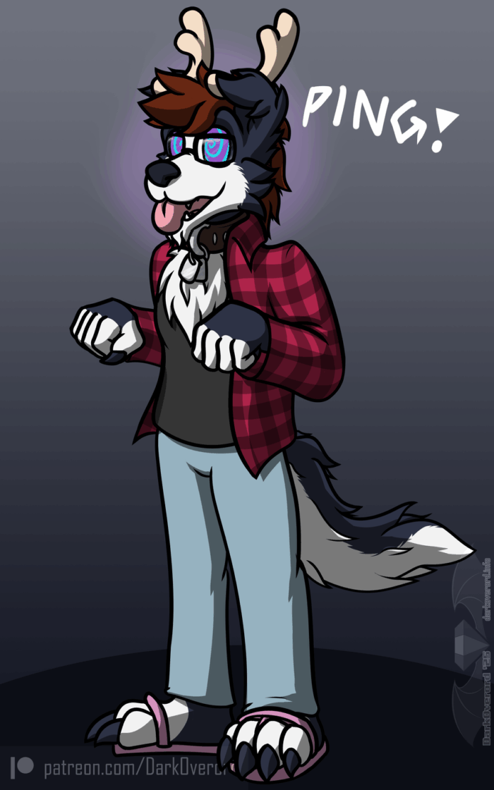 Art of Taylor, an anthro dog-deer hybrid, looking out of it with a hypnotic "ping!" expression, tongue out like a panting dog while holding up their hands kind of puppy like.