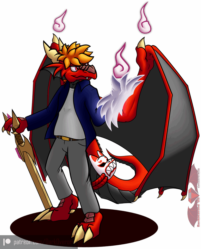 Coloured art of a red anthropomorphic dragon standing mostly to its right while looking towards its left hand that is aglow with purple energy as it holds up a wispy white flame. Over its two wings are two more wisps and a fox mask is tied around its tail