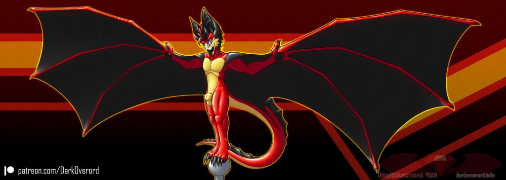 A shiny red rubber bat standing on top of a pole with it's wings almost completely outstretched, looking hungrily at the viwer Also there's a sheath and the background has the rubber pride flag