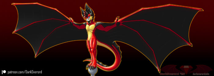 A shiny red rubber bat standing on top of a pole with it's wings almost completely outstretched, looking hungrily at the viwer