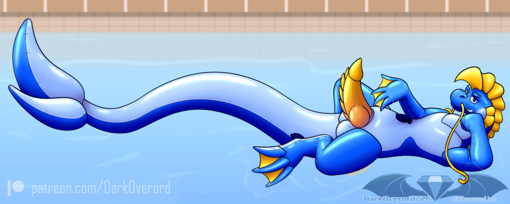 Art of a pool scene featuring a long blue eastern dragon pooltoy, Rigel, looking cockily as he leans on his left arm and is gesturing to at his crotch where unlike most pool toys he has a large erect cock and a pair of balls. A deliberate choice from him not to wear anything all things considered. 