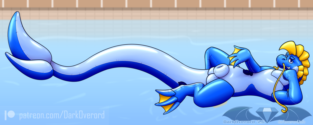 Art of a pool scene featuring a long blue eastern dragon pooltoy, Rigel, looking cockily as he leans on his left arm and is gesturing to at his crotch where unlike most pool toys he has a massive sheath and a pair of balls. A deliberate choice from him not to wear anything all things considered. 