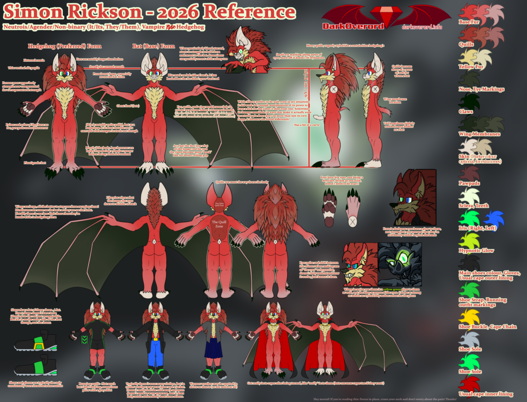 NSFW Reference sheet for a red anthropomorphic hedgehog and vampire bat, Simon Rickson, who is also a vampire.