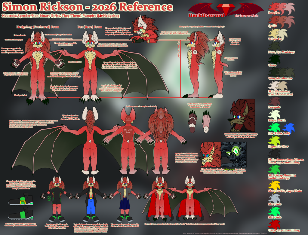 Reference sheet for a red anthropomorphic hedgehog and vampire bat, Simon Rickson, who is also a vampire.