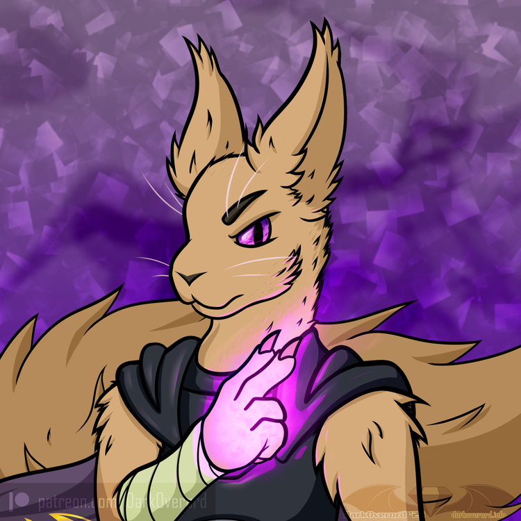 Art of a brown squirrel looking to the side, but side-eyeing the viewer as it holds up a hand, glowing purple-pink dust swirling around it. The eyes clearly not natural and gemlike. He wears dark armour with a purple cape blowing behind him, his large tail swished behind further.