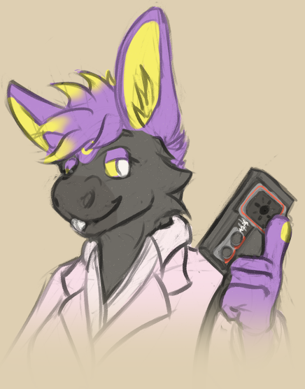 A coloured sketch bust of Enbeyon as a donkey wearing pink suit, holding a Master System controller while looking at the viewer as if to say "wanna play?"