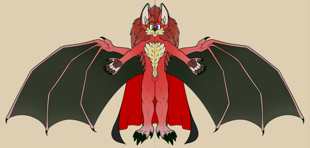A red anthropomorphic hedgehog and vampire bat, Simon Rickson, who is also a vampire. But with wings on its back