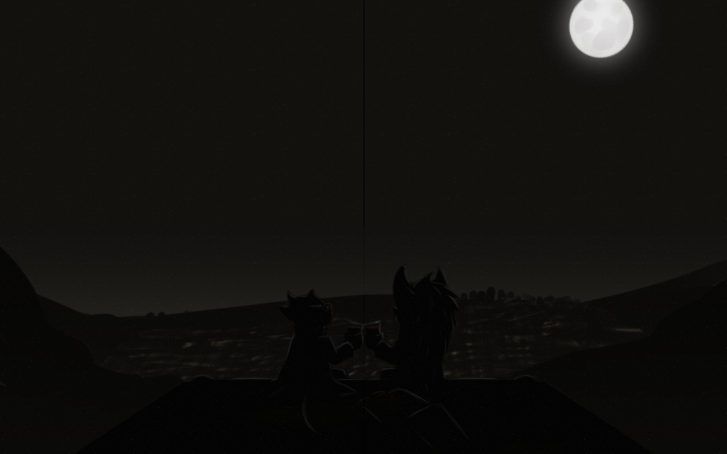 Sketch art of a dark scene where two figures are barely visible, their figures barely lit by the moonlight as they look towards the horizon. They are a kobold and a hedgehog, sitting next to each other and clinking two glasses together that seem to be full of a red liquid of some sort. In the background past the is the starry sky with a full moon, and below in a valley is a city, lights still glowing but clearly going to sleep as there are less lights in some areas.
