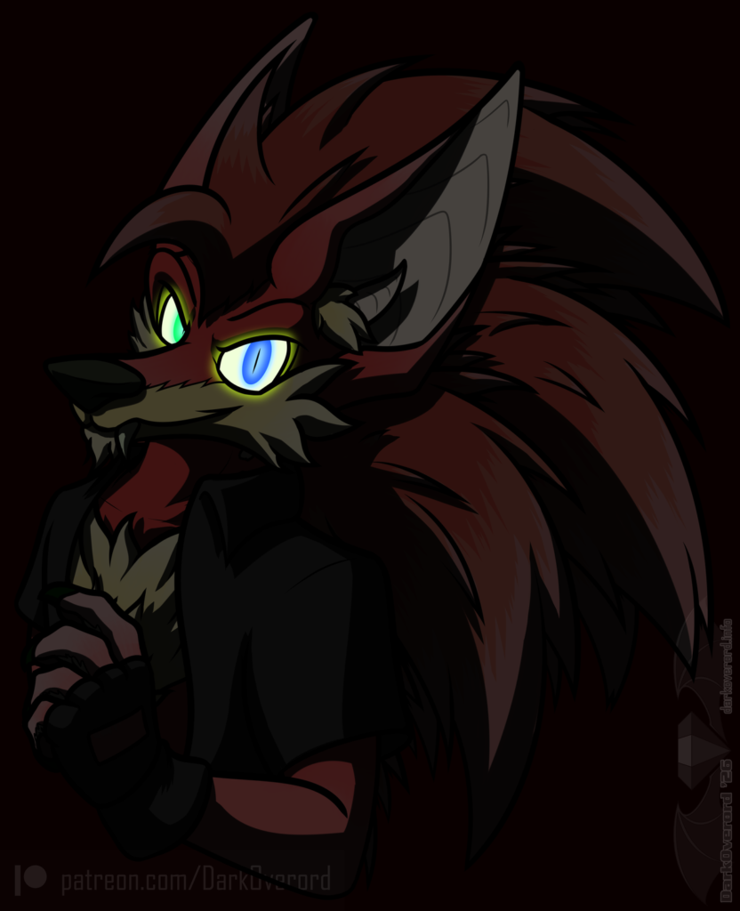 Dimly lit art of a vampire hedgehog, mostly hidden in darkness except its eyes are visibly glowing brightly in the dark. It's smirking at the viewer.