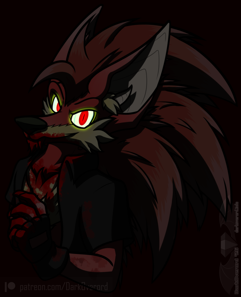 Dimly lit art of a vampire hedgehog, mostly hidden in darkness except its eyes are visibly glowing bright red brightly in the dark. It's smirking at the viewer. There's a lot of blood all over its hand, snout and chest.