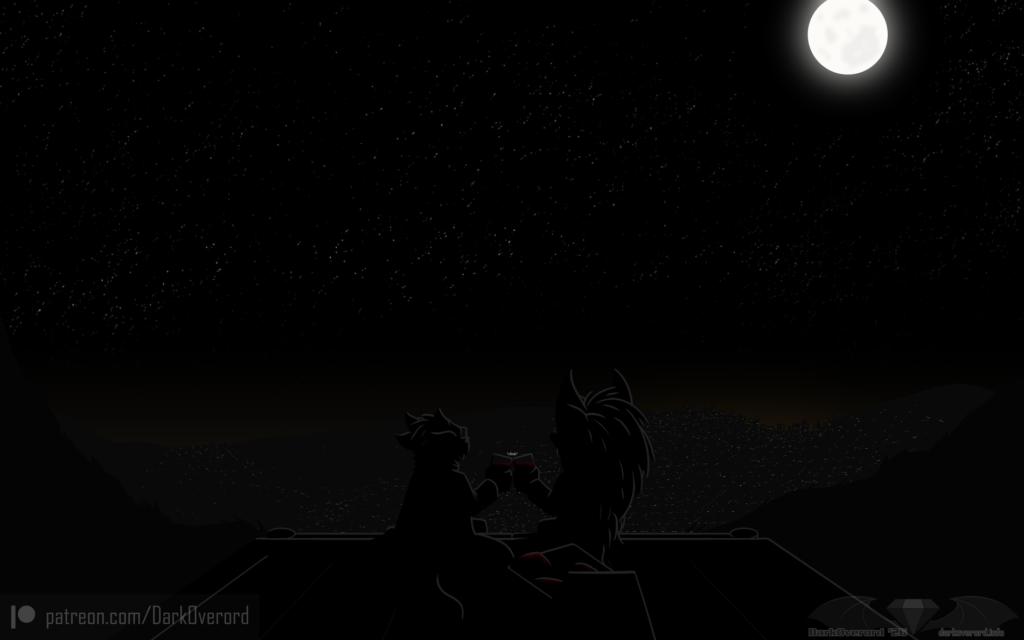 A dark scene where two figures are barely visible, their figures barely lit by the moonlight as they look towards the horizon. They are a kobold and a hedgehog, sitting next to each other and clinking two glasses together that seem to be full of a red liquid of some sort. In the background past the is the starry sky with a full moon, and below in a valley is a city, lights still glowing but clearly going to sleep as there are less lights in some areas.
