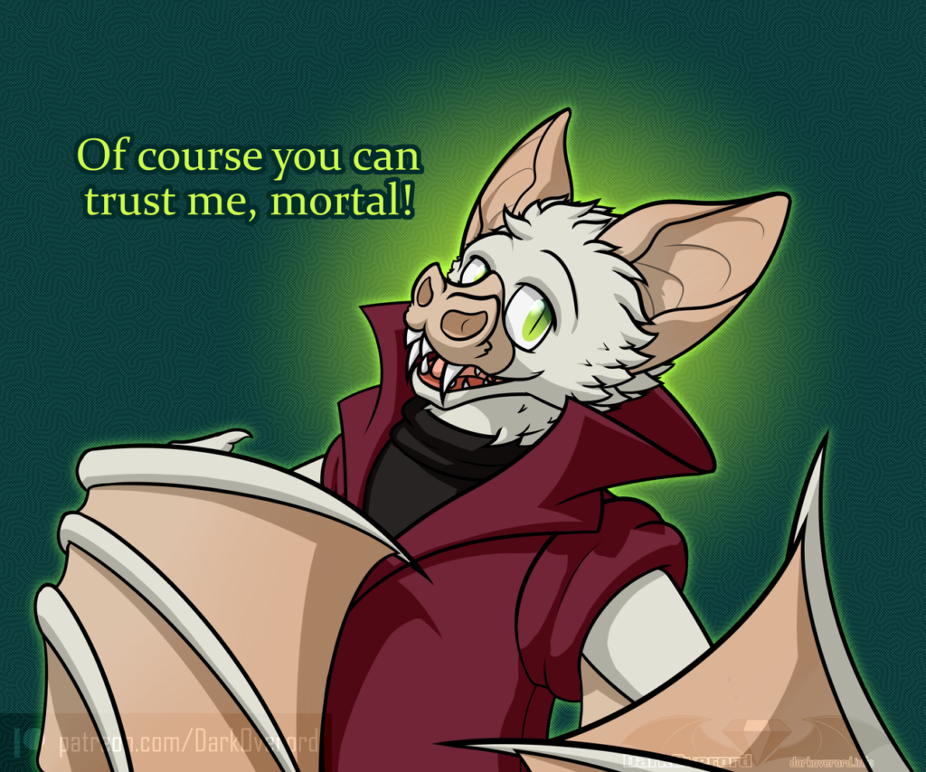 Art of Nyeogmi, a pale vampire bat (who is also a vampire). It stands in front of the viewer, facing a little away but still looking directly that them while it has one wing stretched out towards the viewer and its other wing gestured at itself. In green text next Nyeogmi it says "Of course you can trust me, mortal!" The background is a dark green with a bright green glow behind Nyeogmi's head