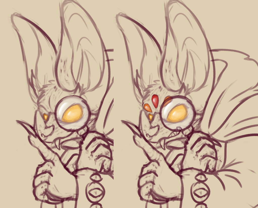 Sketch art of a batlike creature, finger up against it's snout as if to go "shhhhh" while holding a magnifying glass up to it's left eye. On the right hand side it's the same sketch, but it's grinning now... but the three lines on its head that looked like eyebrows and a line down it's forehead have opened up revealing that they were actually 3 more eyes.