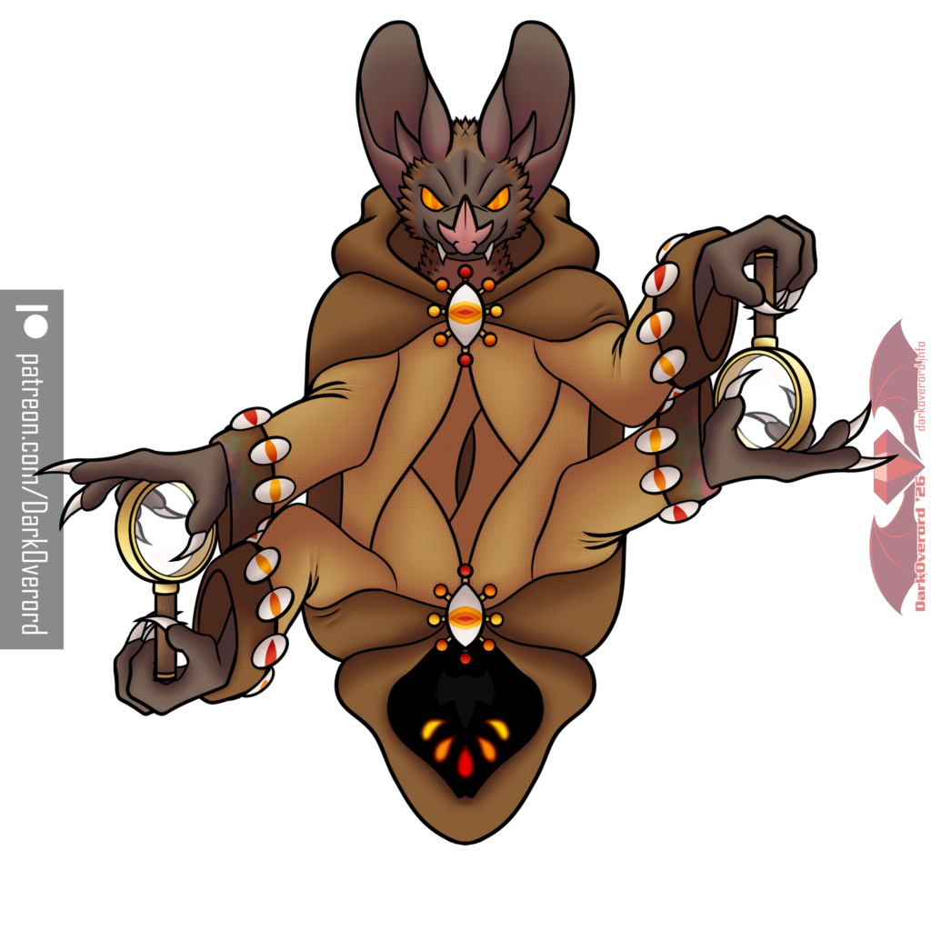 Mirrored art of a bat like creature, Mr Lenses, looking directly at the viewer with its two glowing yellow eyes, draped in brown and yellow robes. Its left hand is raised upwards, placing a magnifying glass in a hand reaching to it from below, while with its right hand it reaches for a magnifying glass being placed on its palm. The mirror image underneath, is Mr Lenses with its hood up to look enigmatic, however 5 eyes are now visible, two yellow, two orange and one red.