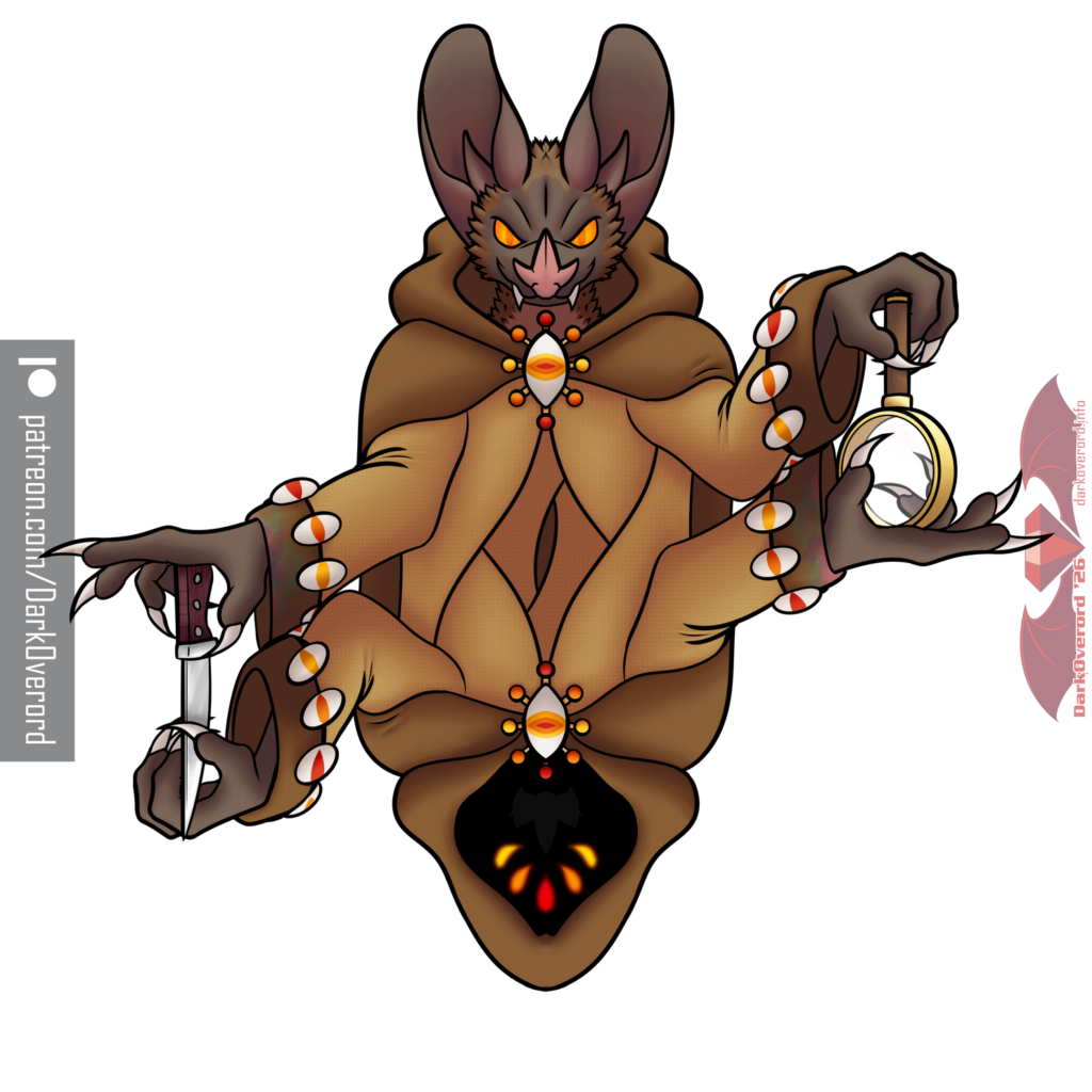 Mirrored art of a bat like creature, Mr Lenses, looking directly at the viewer with its two glowing yellow eyes, draped in brown and yellow robes. Its left hand is raised upwards, placing a magnifying glass in a hand reaching to it from below, while with its right hand it reaches for a knife being placed on its palm. The mirror image underneath, is Mr Lenses with its hood up to look enigmatic, however 5 eyes are now visible, two yellow, two orange and one red.