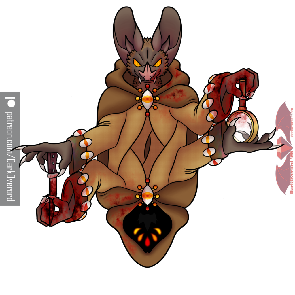 Mirrored art of a bat like creature, Mr Lenses, looking directly at the viewer with its two glowing yellow eyes, draped in brown and yellow robes. It's left hand (likewise in the mirror image) is covered in blood, with some on its face too. It's unhooded eyes are unnaturally focused, wild even. Its left hand is raised upwards, placing a bloodied magnifying glass in a hand reaching to it from below, while with its right hand it reaches for a bloody knife being placed on its palm. The mirror image underneath, is Mr Lenses with its hood up to look enigmatic, however 5 eyes are now visible, two yellow, two orange and one red.